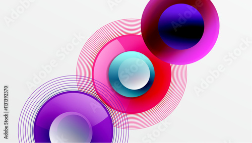 Sleek vector design with overlapping circles in vibrant colors and smooth gradients. Dynamic composition with depth, symmetry, and minimalistic elegance on a light background