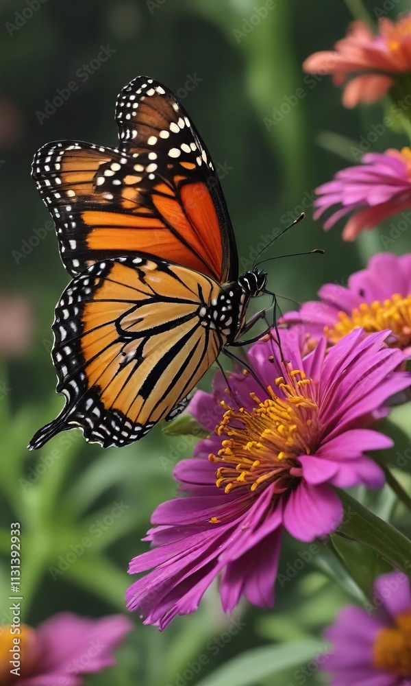 Obraz premium a single monarch butterfly resting on top of a vibrant purple zinnia flower head , pollinator, purple flower