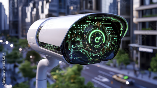 Innovative street surveillance camera with digital interface and city backdrop. This futuristic design showcases technology and urban life, blending security with modern aesthetics photo