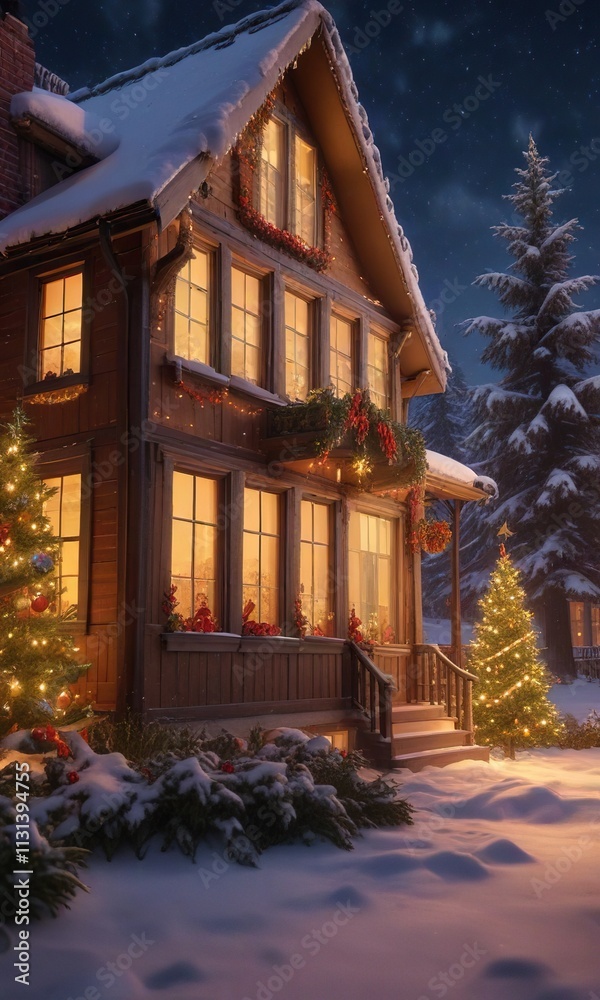 Fototapeta premium A warm glow emanates from the windows of a snow-covered house with festive decorations and a towering Christmas tree , frosty evening atmosphere, holiday lights