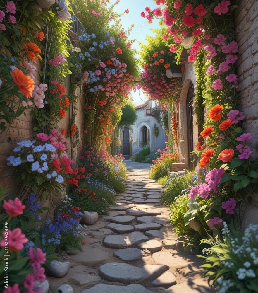 Fototapeta premium a winding path through a flower-filled alleyway along the seashore, natural, ocean view, greenery