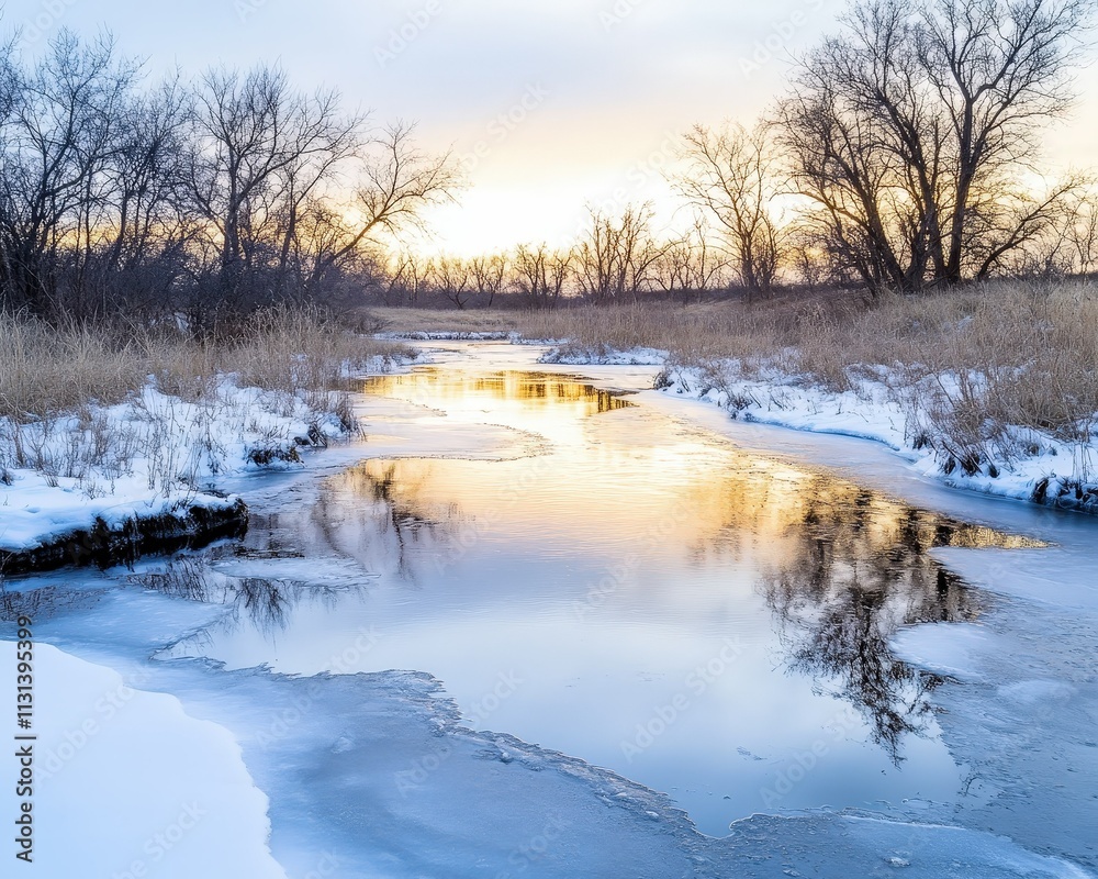 Winter sunset over a frozen stream with reflective water and bare trees in a serene natural landscape Winter sunset over a frozen stream with reflective water and bare trees in a serene natural landscape
