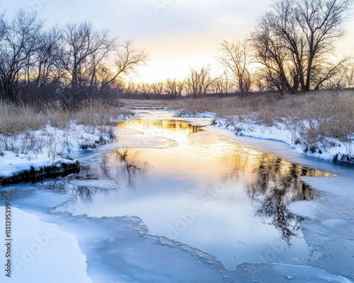 Winter sunset over a frozen stream with reflective water and bare trees in a serene natural landscape