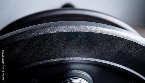 Close-up view reveals the detailed textures of a barbell plate, showcasing the knurling designed for grip photo