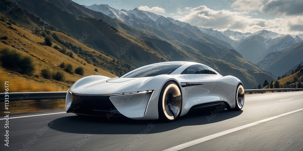 Naklejka premium Sleek electric car driving through a mountain road at sunset