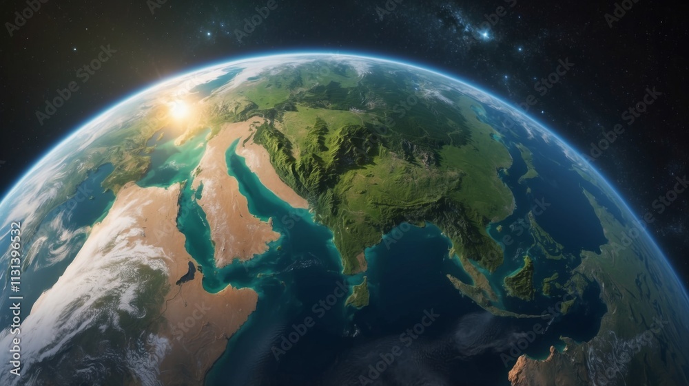 View of Earth from space capturing continents and oceans at sunrise View of Earth from space capturing continents and oceans at sunrise