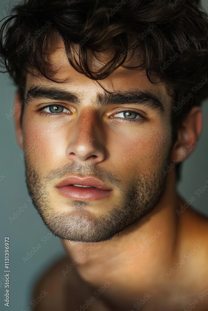 Fototapeta premium Young man with striking blue eyes and tousled hair poses for a close-up portrait in natural lighting, showcasing a confident expression and youthful charm