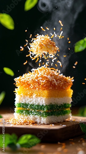 Vibrant Filipino sapinsapin, multicolored layered rice cakes topped with coconut shreds, Southeast Asian dessert, festive and colorful photo