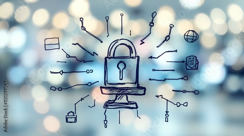 futuristic padlock icon connected to digital nodes representing online security and technology