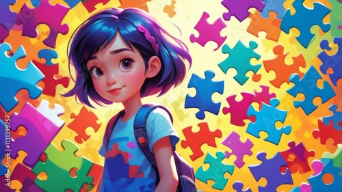 Portrait of a girl on a colorful puzzle background

 photo