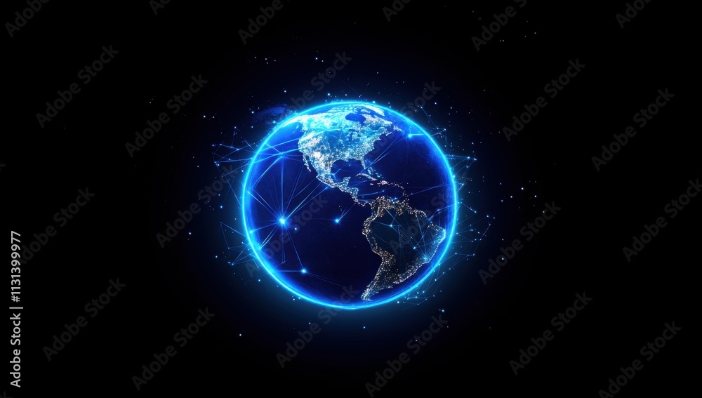 Fototapeta premium A blue digital globe with glowing connections, representing a global network and connectivity against a dark background A softly blurred background of the Earth in space Generative AI