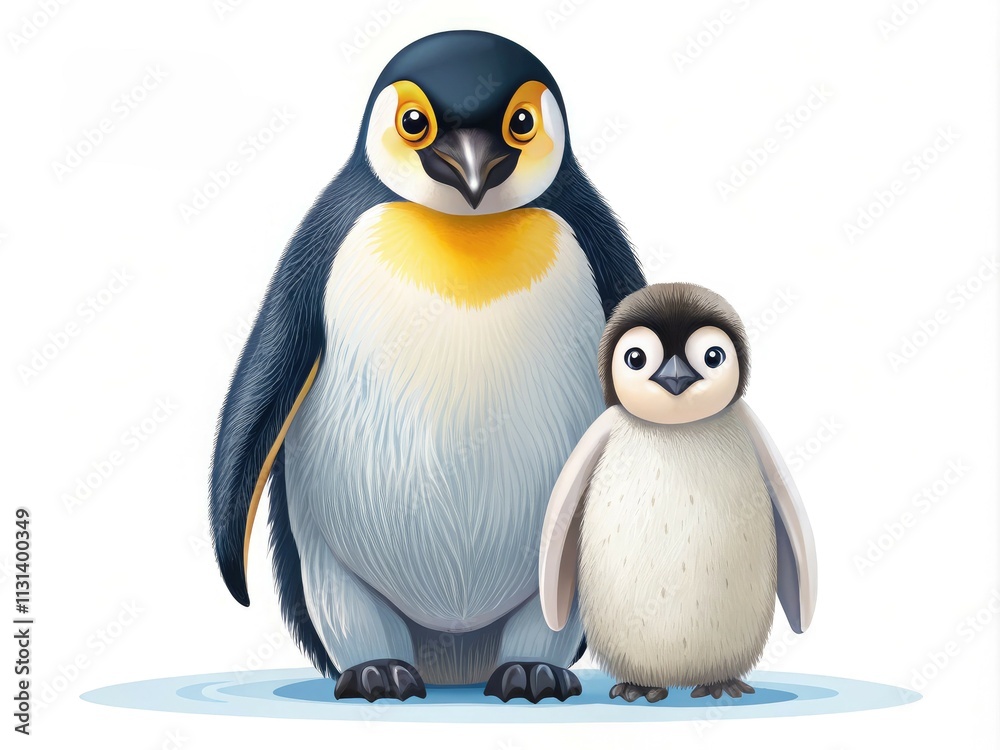 Obraz premium Charming vector illustration of an emperor penguin with its chick on a white background, perfect for wildlife enthusiasts and educational purposes. Adorable and heartwarming design.