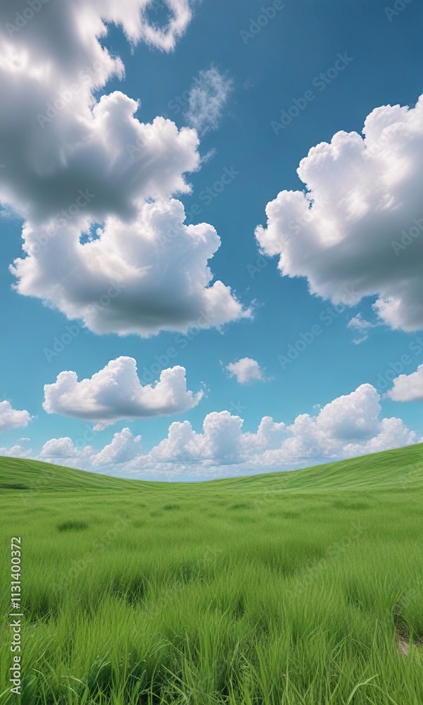Obraz premium Pastel blue sky with white clouds and green grass texture, idyllic scene, outdoor scenery