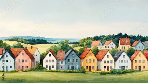 Wallpaper Mural Watercolor texture and vibrancy, A picturesque row of colorful houses nestled in a lush green landscape, showcasing charming architecture amidst serene surroundings. Torontodigital.ca