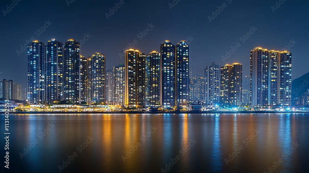 Obraz premium Night view of a city skyline with illuminated buildings reflecting on water.
