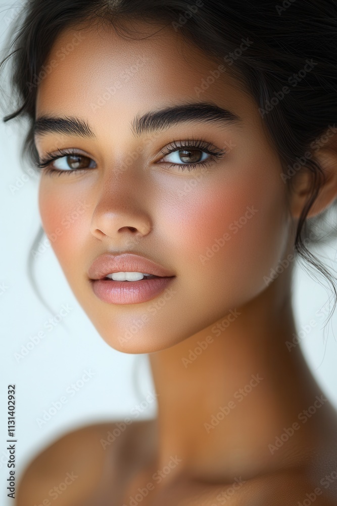 Fototapeta premium Close-up portrait of a young woman with radiant skin and captivating eyes, showcasing natural beauty and elegance in a minimalist setting