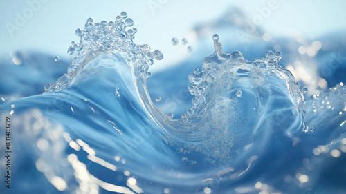 Blue water swirl splash with little bubbles isolated on clear background, liquid flowing in form of wave, with Generative Ai. photo