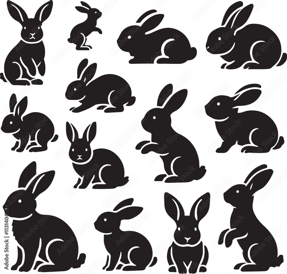 Fototapeta premium Black and white bunny silhouette vector illustration. icon style bunny set isolated on white background.