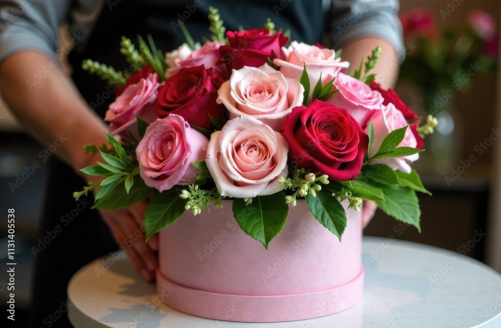 Obraz premium Bouquet of roses in a big round pink hat box in man hands. Work florist.