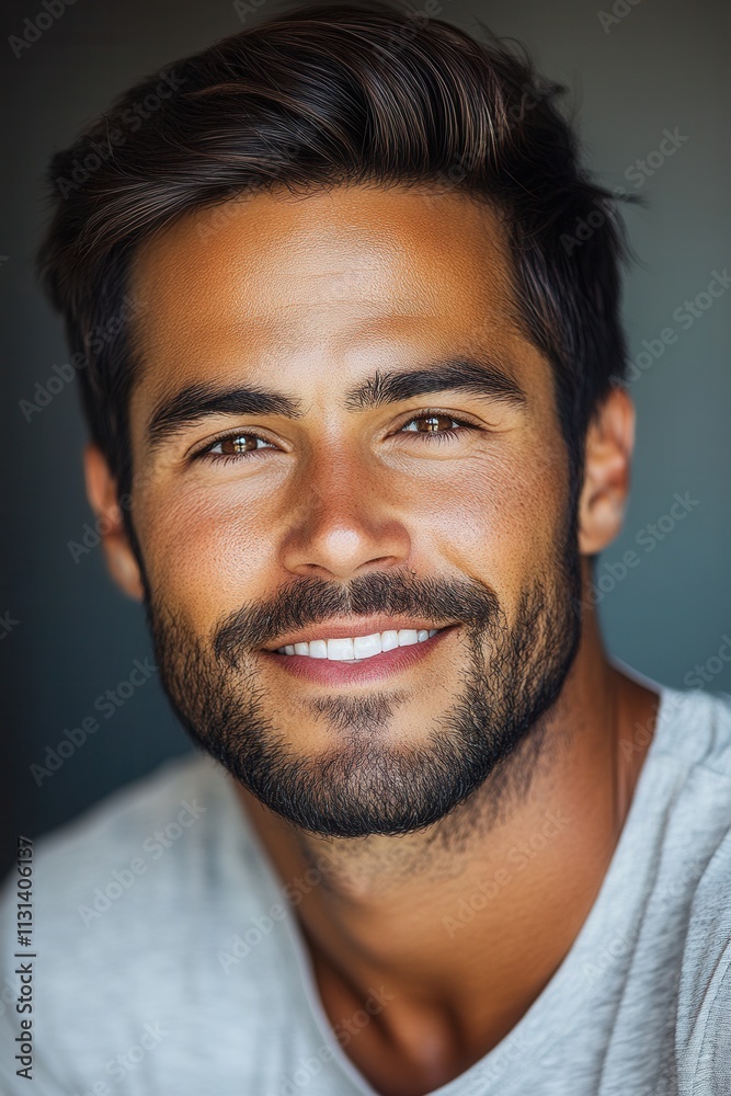 Fototapeta premium Portrait of a smiling man with a beard enjoying a casual moment indoors in a relaxed setting