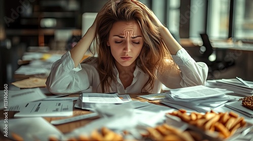 una mujer con cabello castaño, usando una camisa blanca, sintiéndose estresada por comenzar su propio negocio en su oficina. Hay muchos documentos y comida chatarra sobre su mesa. photo