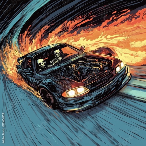 Flaming Skeletal Speed Demons in a Muscle Car photo