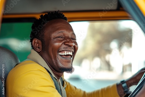 Hombre negro sudafricano, taxista de unos 30 años y fanático del fútbol, con una gran sonrisa en su rostro, mostrando el taxi sudafricano en una toma amplia.






 photo