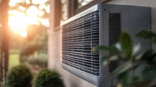 Air conditioning unit installation beside a house during a beautiful sunset, providing comfort and coolness in warm weather days photo