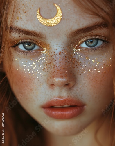 Beauty with a mystical touch featuring shining gold accents and a crescent moon on the forehead captured in a serene setting photo