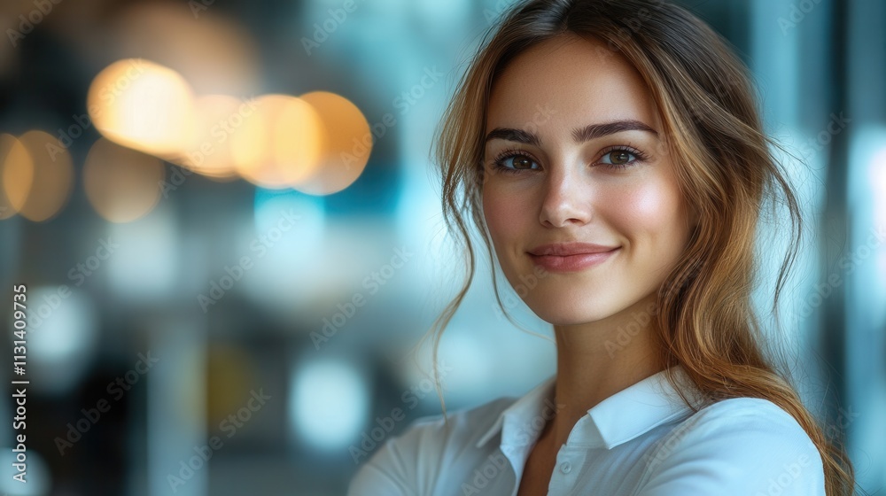 Fototapeta premium Young woman with long hair smiles confidently while posing in a modern indoor setting with soft lighting during the day