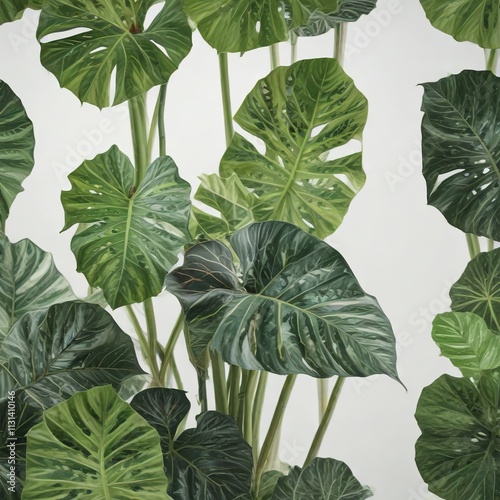 Alocasia gageana Albo Variegated plant on white background , alocasia gageana albo variegata, foliage, leafy plant photo