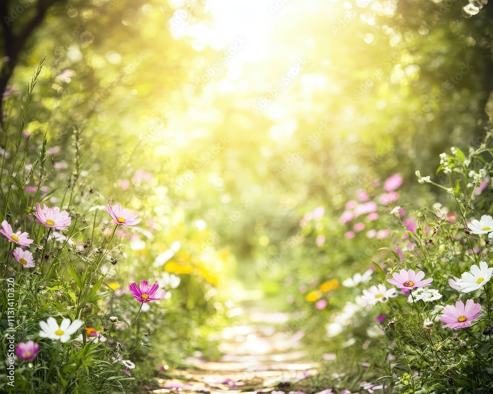 Fototapeta premium Brightly lit pathway through a flower-filled garden during a sunny day in spring