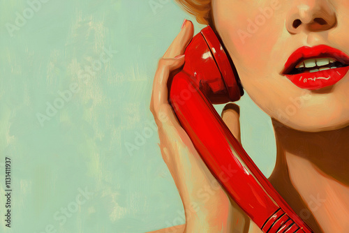 Retro-Feeling: Frau am roten Telefon mit nostalgischem Touch

 photo