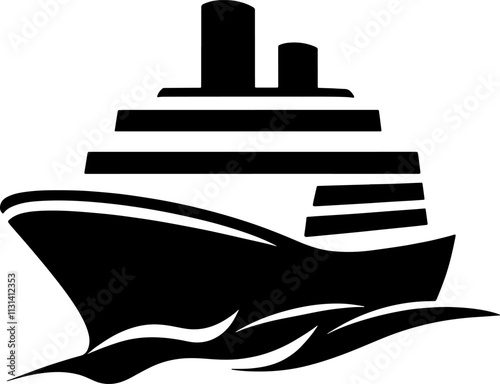 Simple black silhouette of a cruise ship on white background