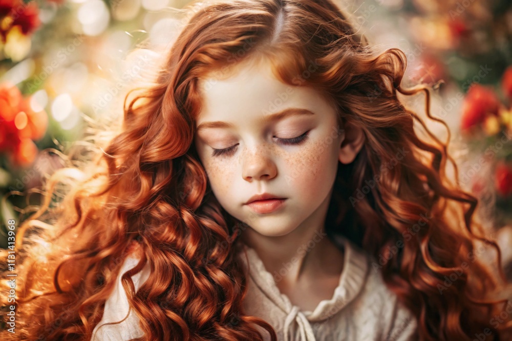 Fototapeta premium Portrait of a beautiful little red-haired girl with long wavy hair and a thoughtful look. The hair develops and creates a feeling of lightness and naturalness.