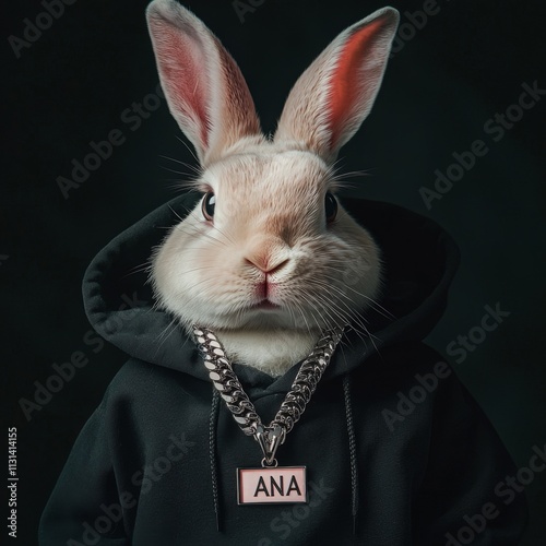 Stylish Rabbit in Hoodie with Nameplate Necklace photo