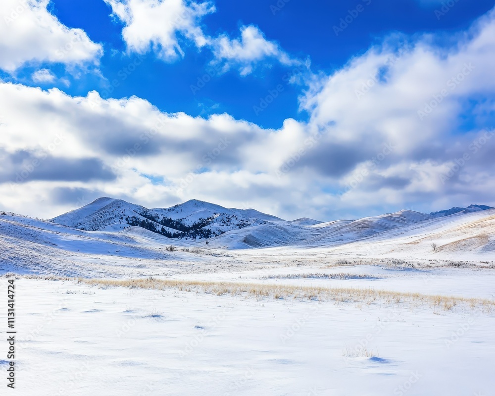 Fototapeta premium Winter landscape with snow-covered hills and dramatic clouds over a clear blue sky