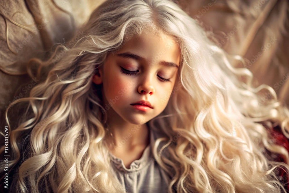 Fototapeta premium Portrait of a beautiful little blonde girl with long wavy hair and a thoughtful look. The hair develops and creates a feeling of lightness and naturalness.