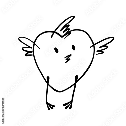 Decorative doodles of a funny little bird character. Vector graphics.