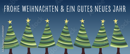 Frohe Weihnachten und ein gutes neues Jahr - Schriftzug in deutscher Sprache. Grußkarte mit Weihnachtsbäumen.