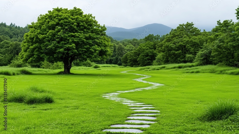Fototapeta premium tranquil park features a curved stone pathway leading through vibrant green grass. large tree stands prominently, surrounded by hills under a cloudy sky, creating a peaceful atmosphere