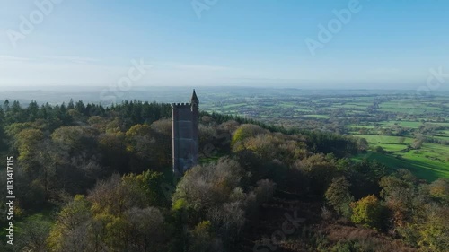 Autumn over Alfred's Tower from a drone, Stourhead, Somerset, England photo