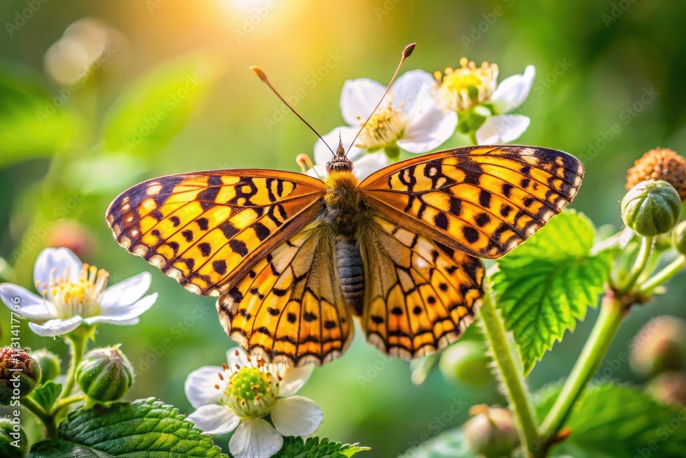 Obraz premium Boloria Selene Butterfly, Blackberry Flower, Woodland Bokeh, Macro Photography, Nature, Insect