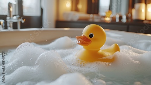 Close-up of a yellow rubber duck in a bathtub full with foam