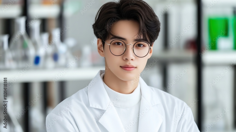 Fototapeta premium young man stands confidently in a modern laboratory filled with glassware and scientific equipment, dressed in a white lab coat and round glasses, deeply engaged in scientific exploration
