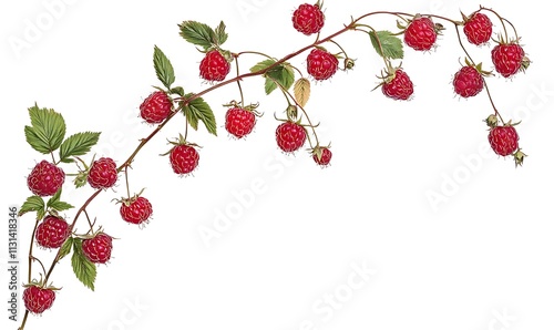 Raspberry branch with ripe red berries and green leaves