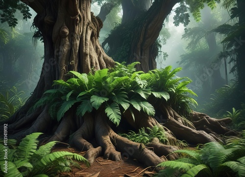 A dramatic composition of green banana leaves and ferns draped over the gnarled roots of an ancient tree in a dense forest understory , natural scenery, earthy, organic