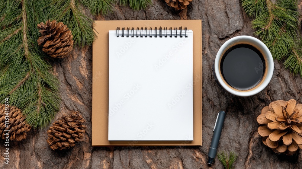 blank sketchbook rests on a wooden surface surrounded by pinecones and evergreen branches. cup of coffee sits nearby, providing a warm touch for writing or brainstorming ideas blank sketchbook rests on a wooden surface surrounded by pinecones and evergreen branches. cup of coffee sits nearby, providing a warm touch for writing or brainstorming ideas