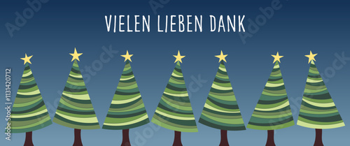 Vielen lieben Dank - Schriftzug in deutscher Sprache. Dankeskarte mit Weihnachtsbäumen.