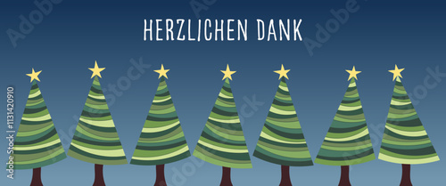 Herzlichen Dank - Schriftzug in deutscher Sprache. Dankeskarte mit Weihnachtsbäumen.